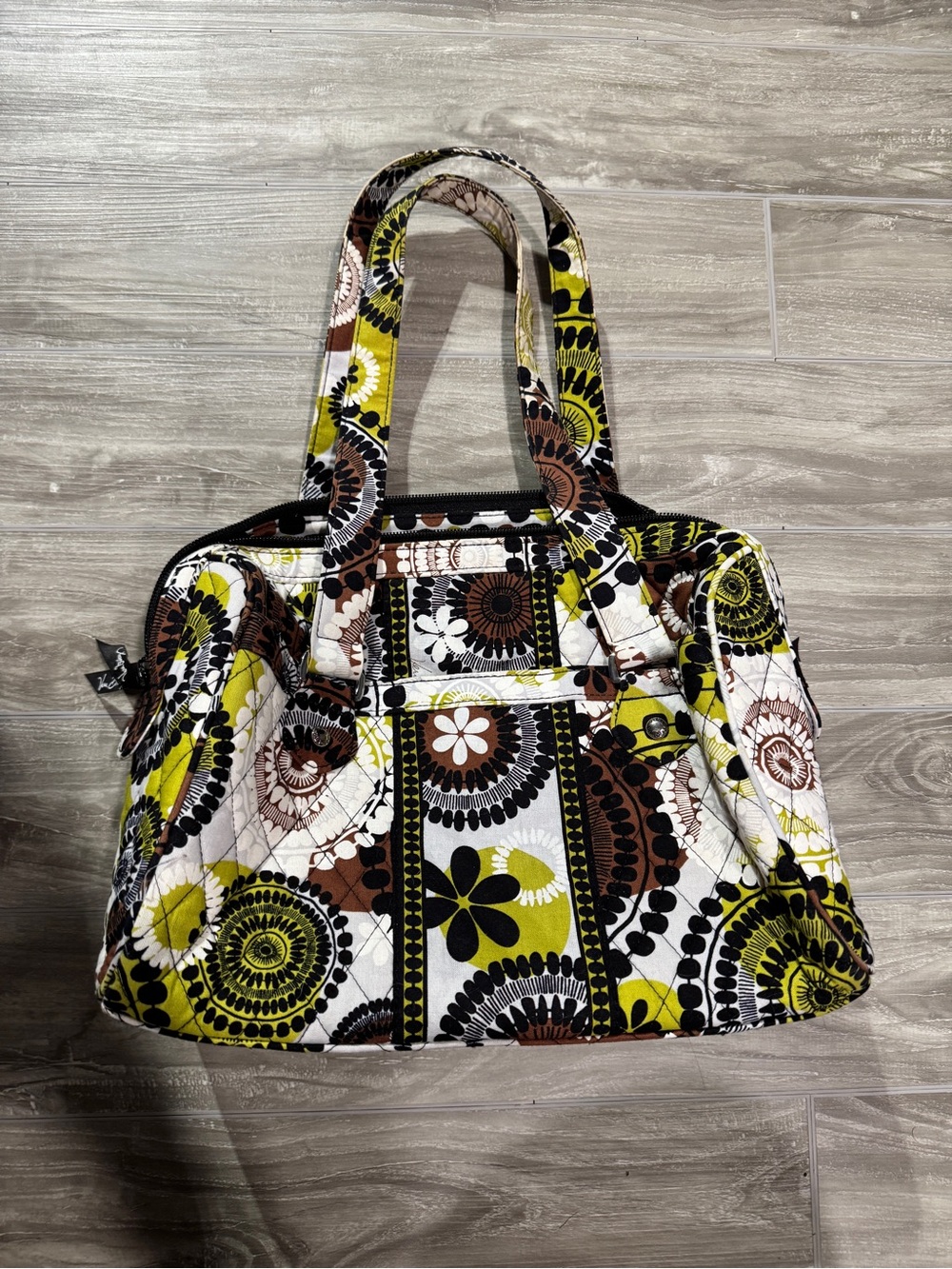 Vera Bradley Quilted Floral Medallion Tote in Olive Green, Brown & Black